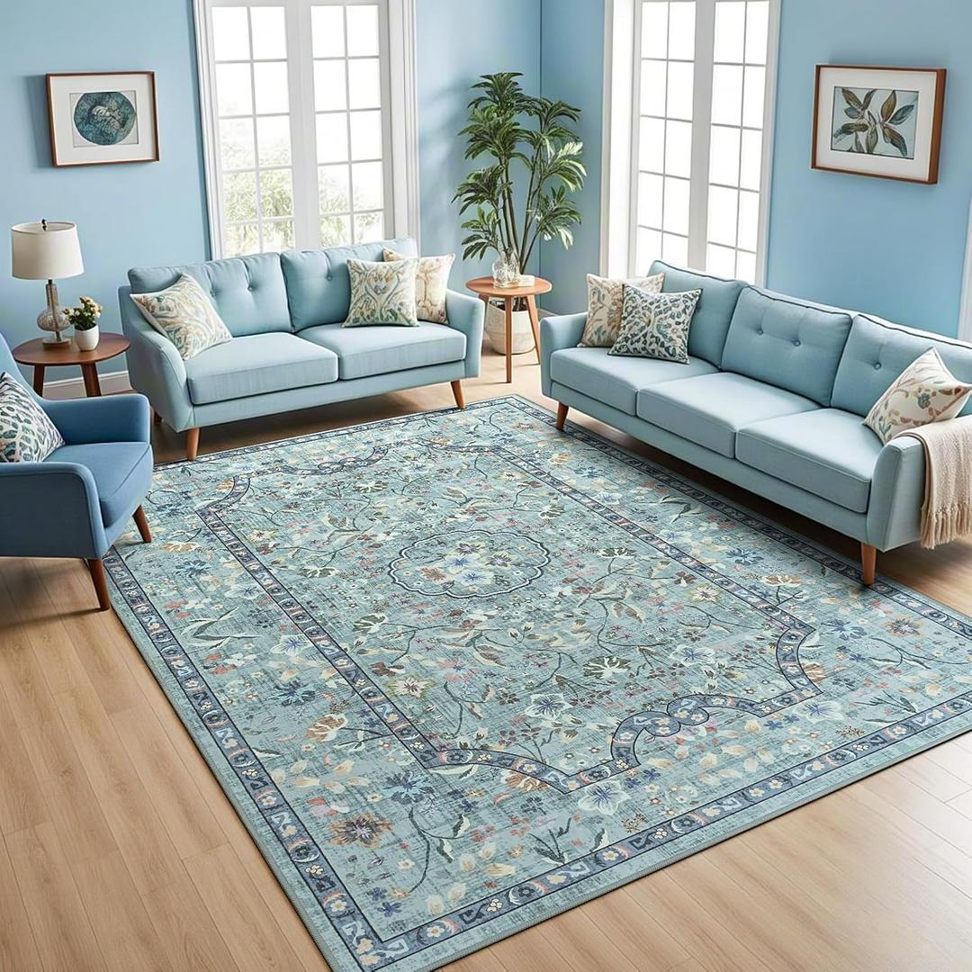 Vasofe 8x10 Area Rug for Living Room, Washable Rugs for Bedroom Room, Dining Room, Vintage Floral Indoor Non Slip Carpet Farmhouse Teal Throw Carpets Soft Low Pile Mat for Classroom Playroom