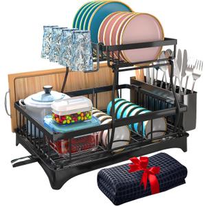 Godboat Dish Drying Rack, 2-Tier Dish Racks for Kitchen Counter, Dish Rack with Drainboard & Mat, Dish Drainer with Knife, Fork & Cup Rack, Gifts for Women, Mothers Day, Cool Stuff & Kitchen Gadgets (X-Large)