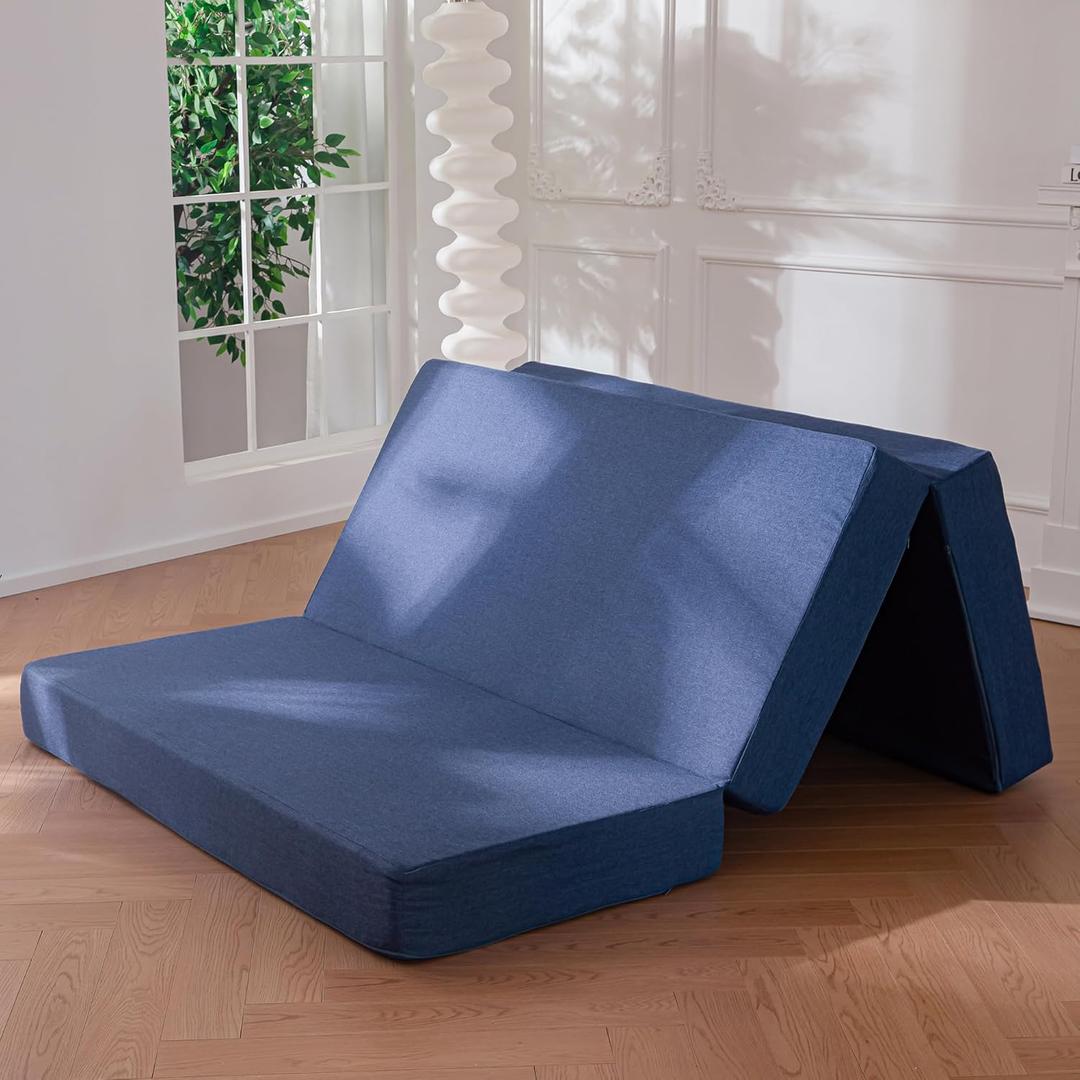 BYBYME Tri-Folding Imitation Linen Mattress, 6 Inches Gel Folding Mattress Topper, Foldable Soft Guest Bed Camping Pad, Washable Cover (Navy, Twin)