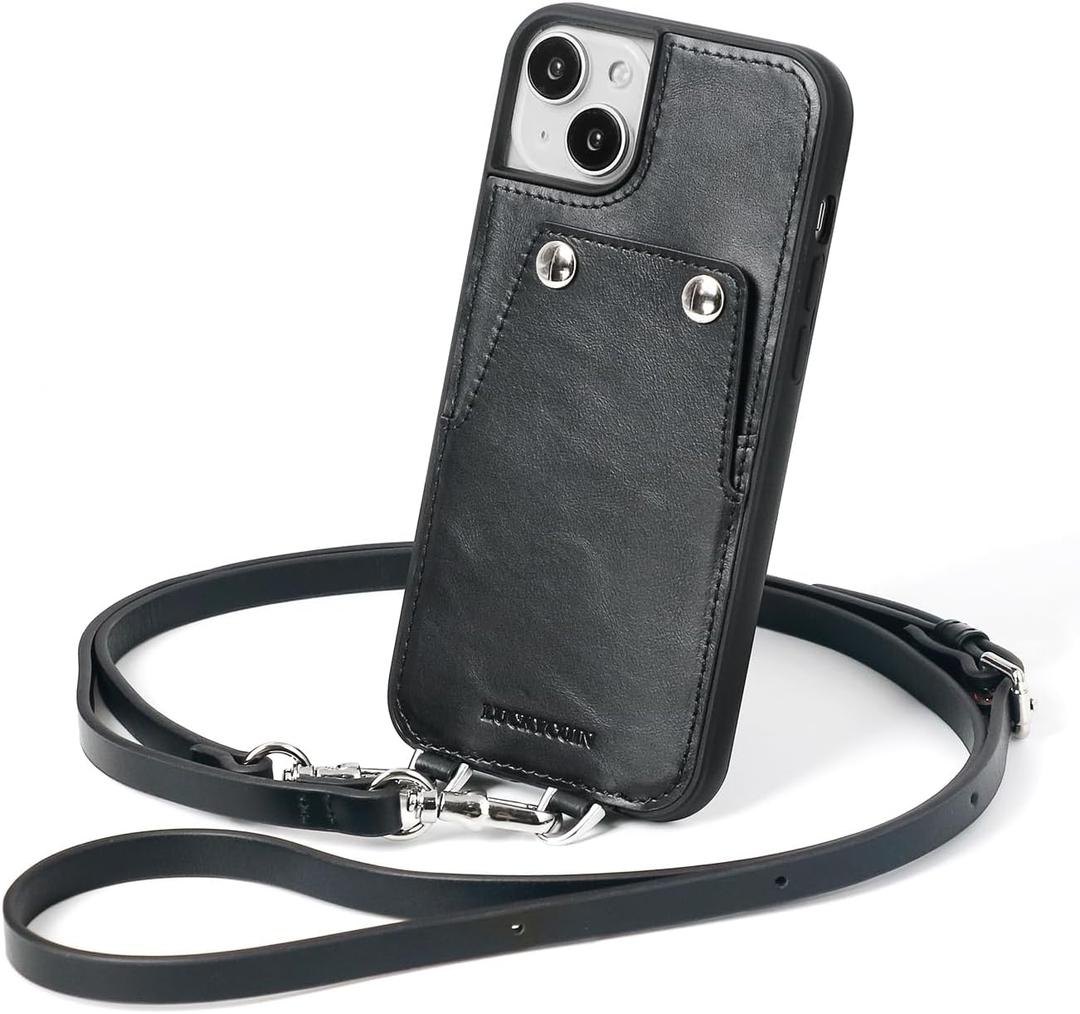 LUCKYCOIN Leather Crossbody Case Compatible with iPhone 15 Plus 6.7 in,Genuine Leather Purse Phone Case with 2 Card Slot for Women,Wallet Case with Adjustable Lanyard Shoulder Strap,Black