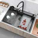 33 Inch Black Waterfall Kitchen Sink Stainless Steel Workstation, 33x22 Drop In Kitchen Sink with Waterfall and Faucet Combo 16 Gauge Multifunctional Single Bowl Upgraded Sinks