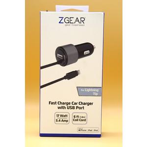 ZGEAR Fast Car Charger For W/ USB Port - 17 Watt 6 Foot Coil Cord
