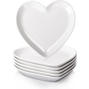 DELLING Heart Shaped Dessert Salad Plates- 6 Pack, 7.3 Inch Ceramic White Dinner Plates, Heart Dishes for Dessert, Appetizer, Steak, Snacks, Microwave & Oven Safe, Thanksgiving & Christmas Day Gifts