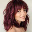 Short Burgundy Wig with Bangs Bob Curly Wavy Hair Wigs for Women Burgundy Shoulder Length Style Wig Synthetic Heat Resistant Wig for Everyday Hairstyle 16 Inch