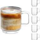 6 x Qipecedm 6 PACK Premium Glass Coffee Mugs with Handle, 12 OZ Classic Vertical Stripes Glass Coffee Cups, Transparent Tea Cup for Hot/Cold Beverages, Glassware Set for Americano, Latte, Cappuccino