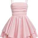 RoseSeek Girl's Flowy Cami Dress Ruched Sleeveless Pink Layered Ruffle Kawaii Short Smocked Summer Dresses, Size 10 Years 