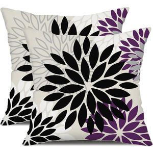 DFXSZ Black Purple Flower Pillow Covers 18x18 Inch Set of 2 Outdoor Throw Pillows Outdoor Waterproof Decor for Living Room Sofa Patio Funiture Garden Floral Polyester Pillow Covers 002Q18