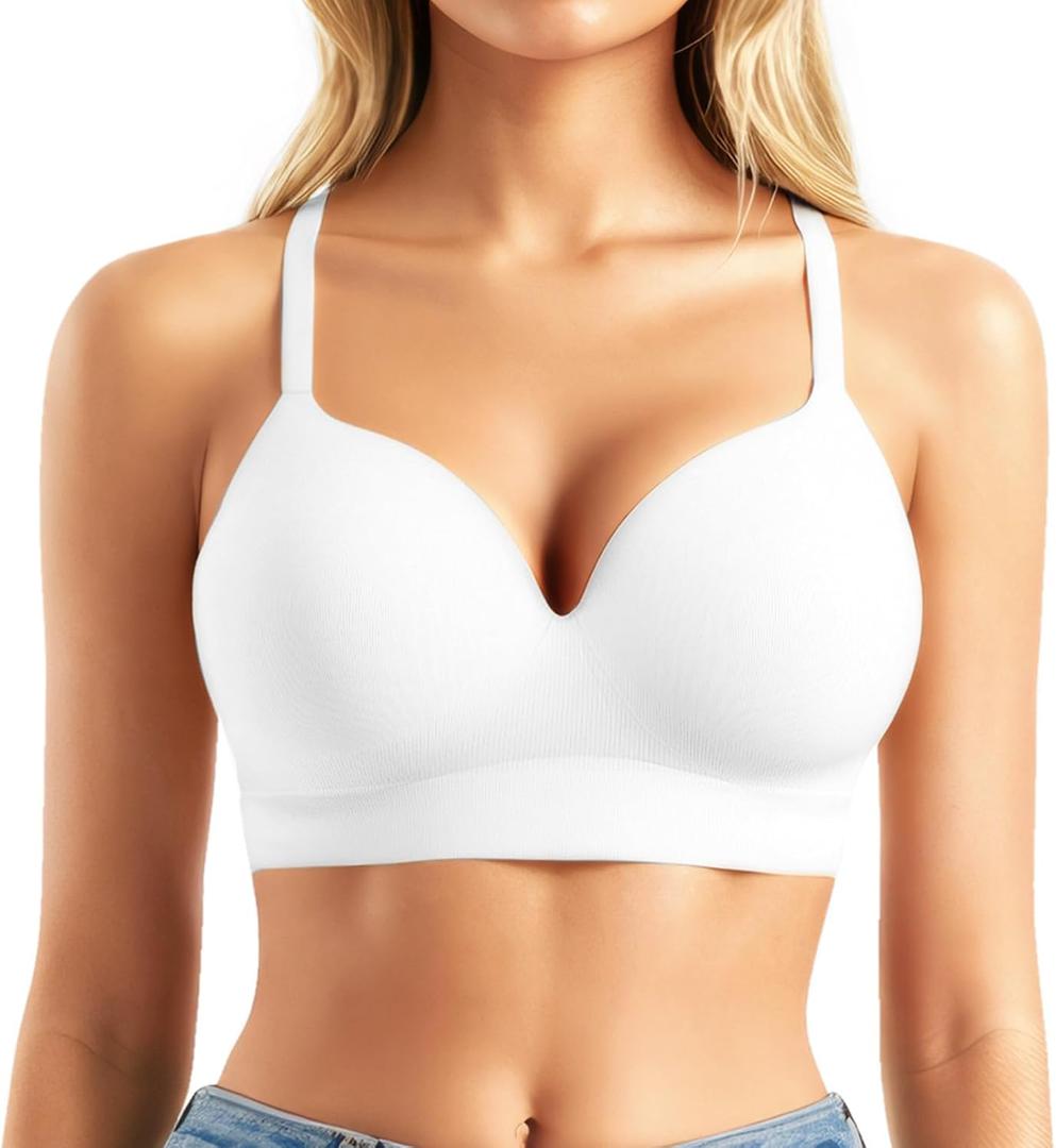 Popilush Bras for Women No Underwire Supportive Push Up Bralettes Wireless Full Coverage Bras for Large Breasts (White) L