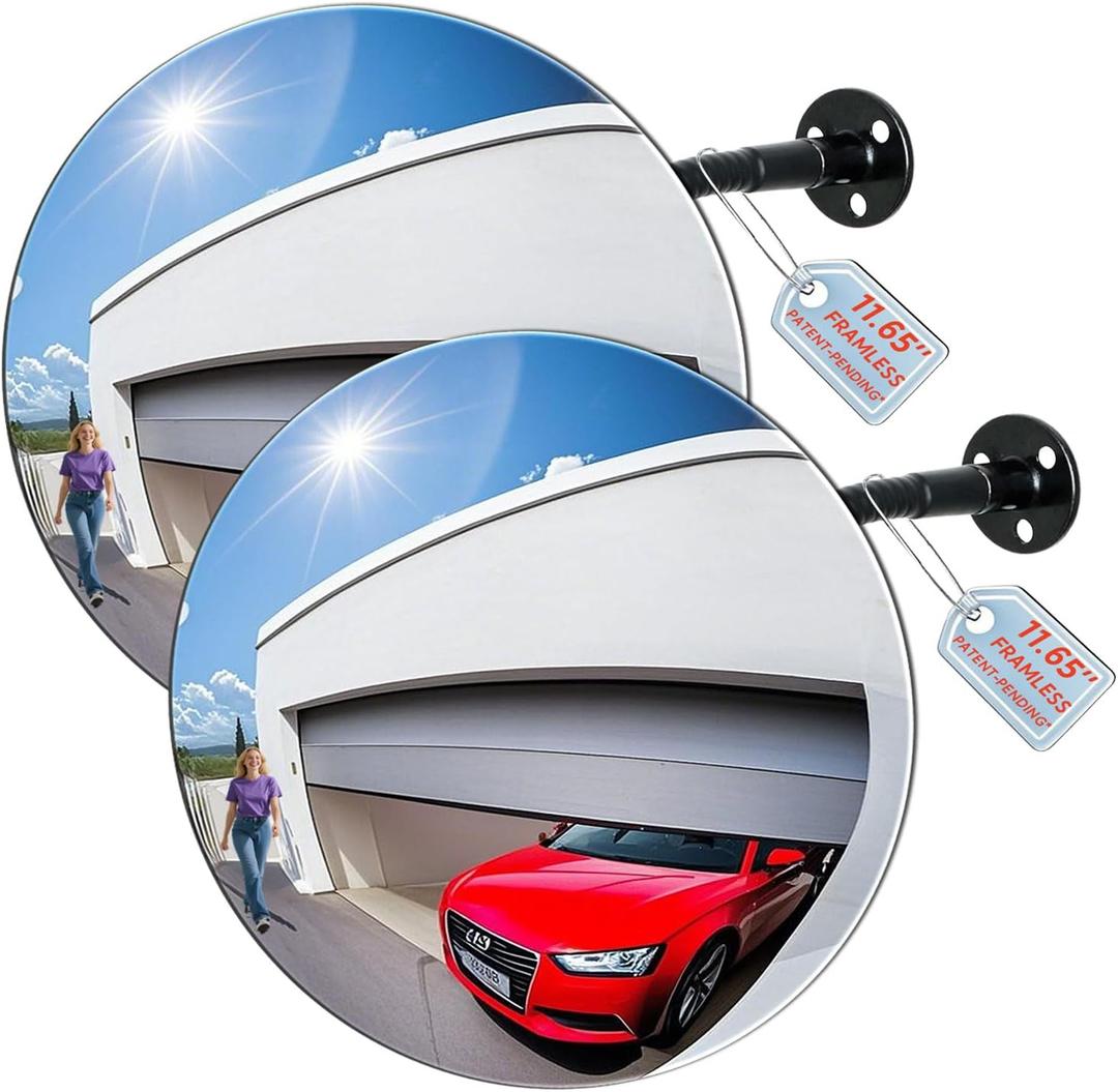 11.65 Inch Frameless 1.8mm Thick Acrylic Convex Mirror - Adjustable Wide Angle View Indoor Security Mirror for Garage Parking Warehouse Office and Corner Security Traffic, 2 Pack