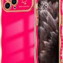 Hython for iPhone 11 Pro Case Wave Wavy Phone Cases with Love Heart, Luxury Plating Edge Cute Curly Shape Cover for Women Girls, Thin Slim Soft TPU Rubber Shockproof Protective Cover, Hot Pink