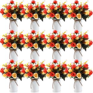 Domensi 12 Sets Wedding Centerpiece for Table Artificial Rose with Vase Fake Bouquets and Metal Pot Floral Arrangements for Holiday Party Event Table Decor (Orange) Domensi 12 Sets Wedding Centerpiece for Table Artificial Rose with Vase Fake Bouquets and Metal Pot Floral Arrangements for Holiday Party Event Table Decor (Orange)