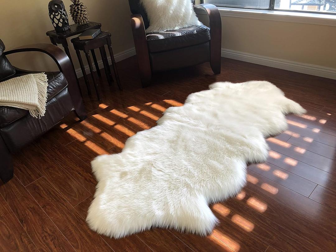 LAMBZY Genuine Sheepskin Silky Area Rug - Thick Strong Bottom Texture Easily Washable Stain Resistant Rug - Perfect for Children Living Room, Bedroom Decoration Usage - 2' x 6',60x180 cm, White