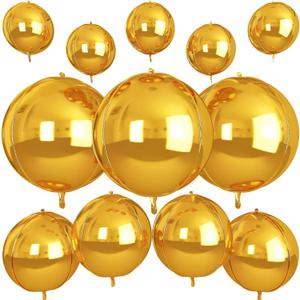 12Pcs Gold Round Foil Balloons, 22" 15" 10" 4D Ball Balloons, Metallic Gold Foil Balloon for Birthday Graduation Wedding Anniversary New Year Eve Disco Party Backdrop Decorations