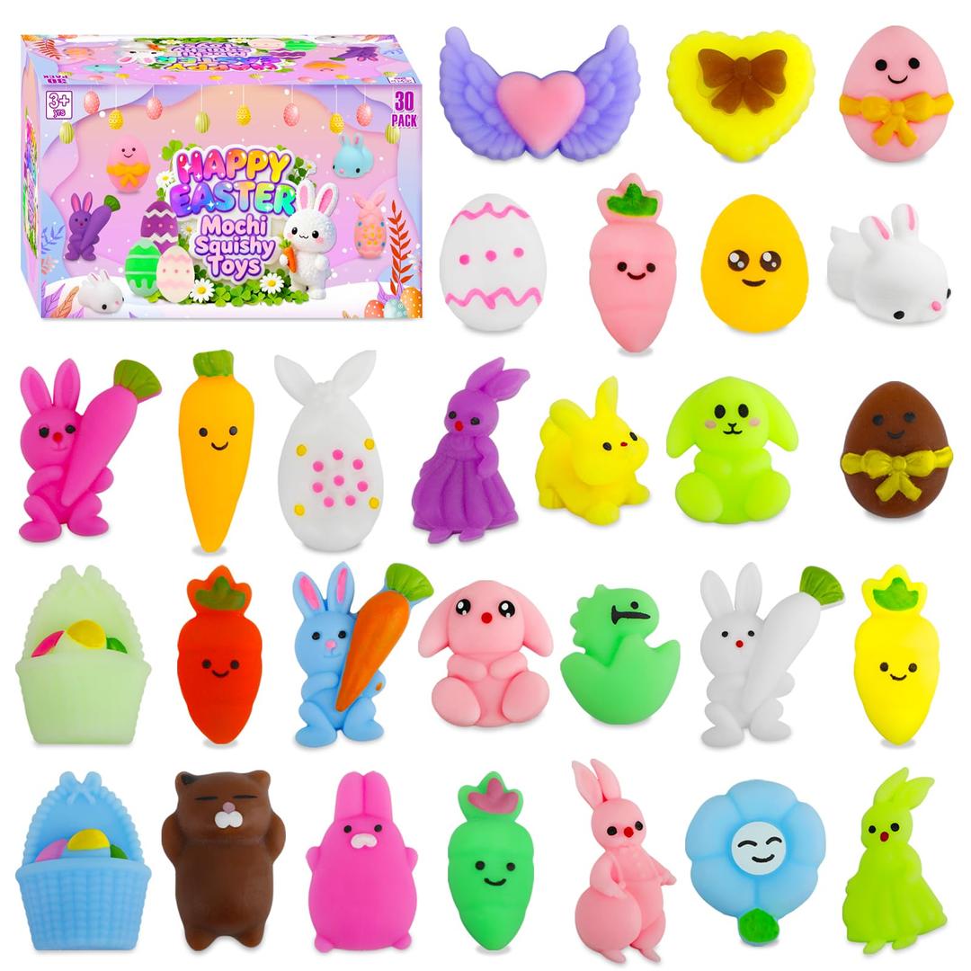 Easter Egg Fillers - 30 Pack Kawaii Mochi Squishy Toys for Easter Basket Stuffers, Mini Cute Squishies Squeeze Toy Easter Party Favors, Easter Gifts for Kids Classroom Prizes School Rewards