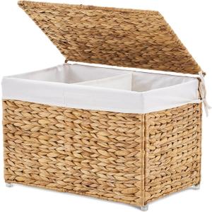 Storage Basket with Lid, Woven Wicker Shelf Basket with Removable Liner, Metal Frame Rattan Storage Trunk with Handle for Laundry, Bedroom, Living Room, Office (Natural, 65L)
