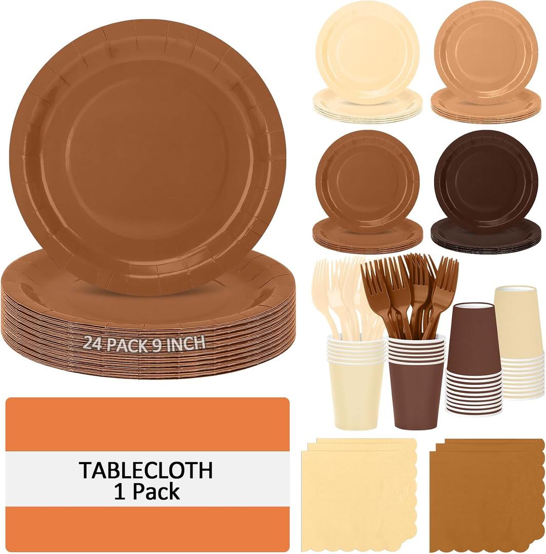 Brown Plates and Napkins Party Supplies for 24 Guests, Disposable 9 Gradient Brown Paper Plates Tableware Set for Birthday Party, Boho, Baby Shower, Autumn, Thanksgiving Decoration