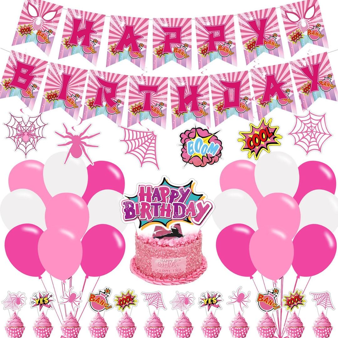 Pink Spider Birthday Party Decorations,Girl Spider Decor Supplies Include Happy Birthday Banner, Latex Balloon, Hanging Swirl Spiral,Cake Toppers