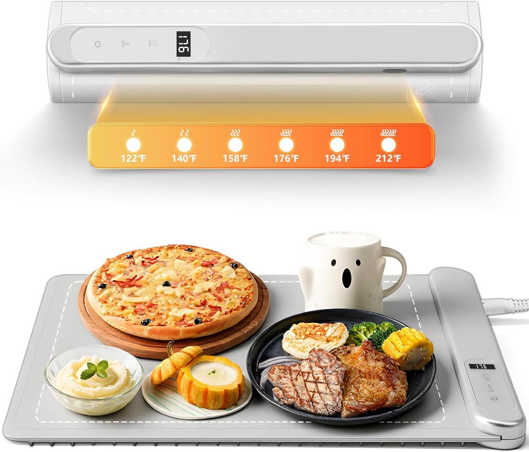 Warming Mat for Food Small Warming Tray with 6 Temp & 6H Timer, 300W Full Surface Heating, Waterproof Foldable Hot Plate for Countertop, Apartment/Dorm Use, New Light Gray
