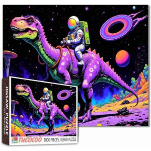 Astronaut Rides Dinosaur Jigsaw Puzzles for Adults 1000 Pieces Outer Space Jigsaw Puzzle Galaxy Nebula Painting Extraterrestrial Organisms Jigsaw Puzzle 20 x 27 Inch Colorful Puzzles for Home