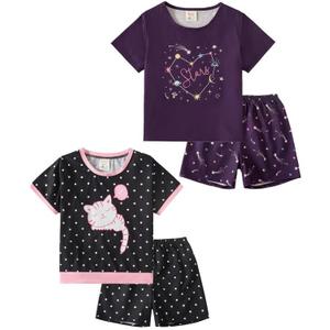 MyFav Young Girls Pajama Cute Cat Pattern Nighty Comfy Shorts Cotton Sleepwear (Purple)