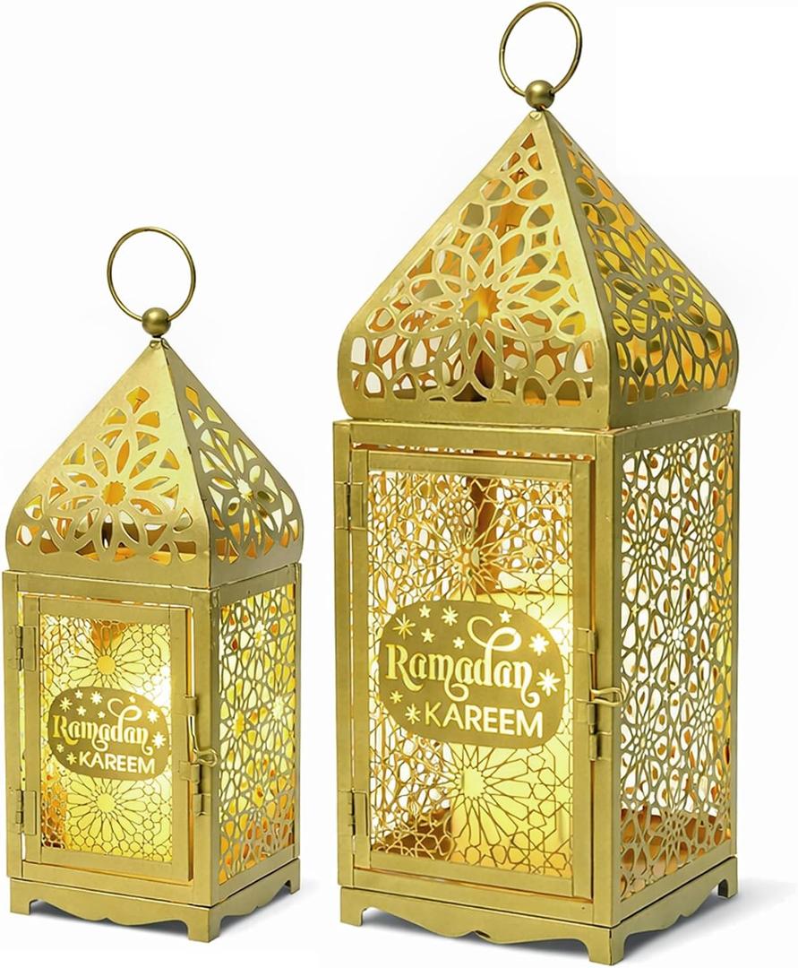 Ramadan Lanterns Gold Metal Islamic Fanous Hanging Candle Holder Decor for Ramadan & Eid, Eid Decorations for Home Table Window Porch, Large 14.6" & 11.4" Set of 2