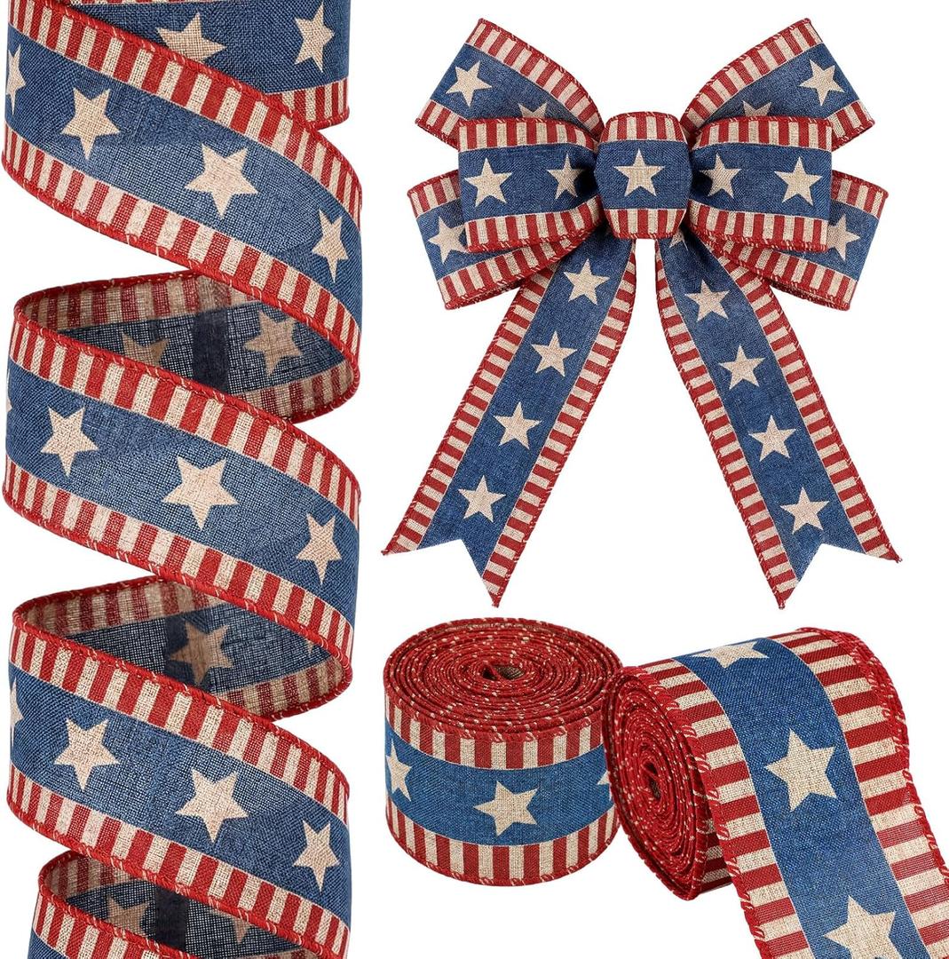 Yinder 2 Rolls Vintage Patriotic Red White and Blue Ribbon, 3 Inch x 20 Yards, Rustic Patriotic Wired Ribbon American Flag Stripes & Stars Ribbons for 4th of July 250th Independence Day Wreaths Decor