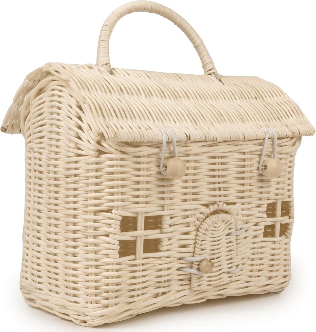 KOLWOVEN Rattan Storage Basket with Lid - Mouse in a Box - Small Doll House - Decorative Hand Woven Shelf Organizer - Cute Handmade Handcrafted Gift Decoration Artwork - Wicker (Natural)
