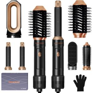 6 in ONE Blow Dryer Brush, Curling Wand Hair Styling Tools Set, Ionic Hot Air Brush Hair Dryer, Massage Oval Hair Dryer Brush, Left & Right Hair Curlers (Black Gold)