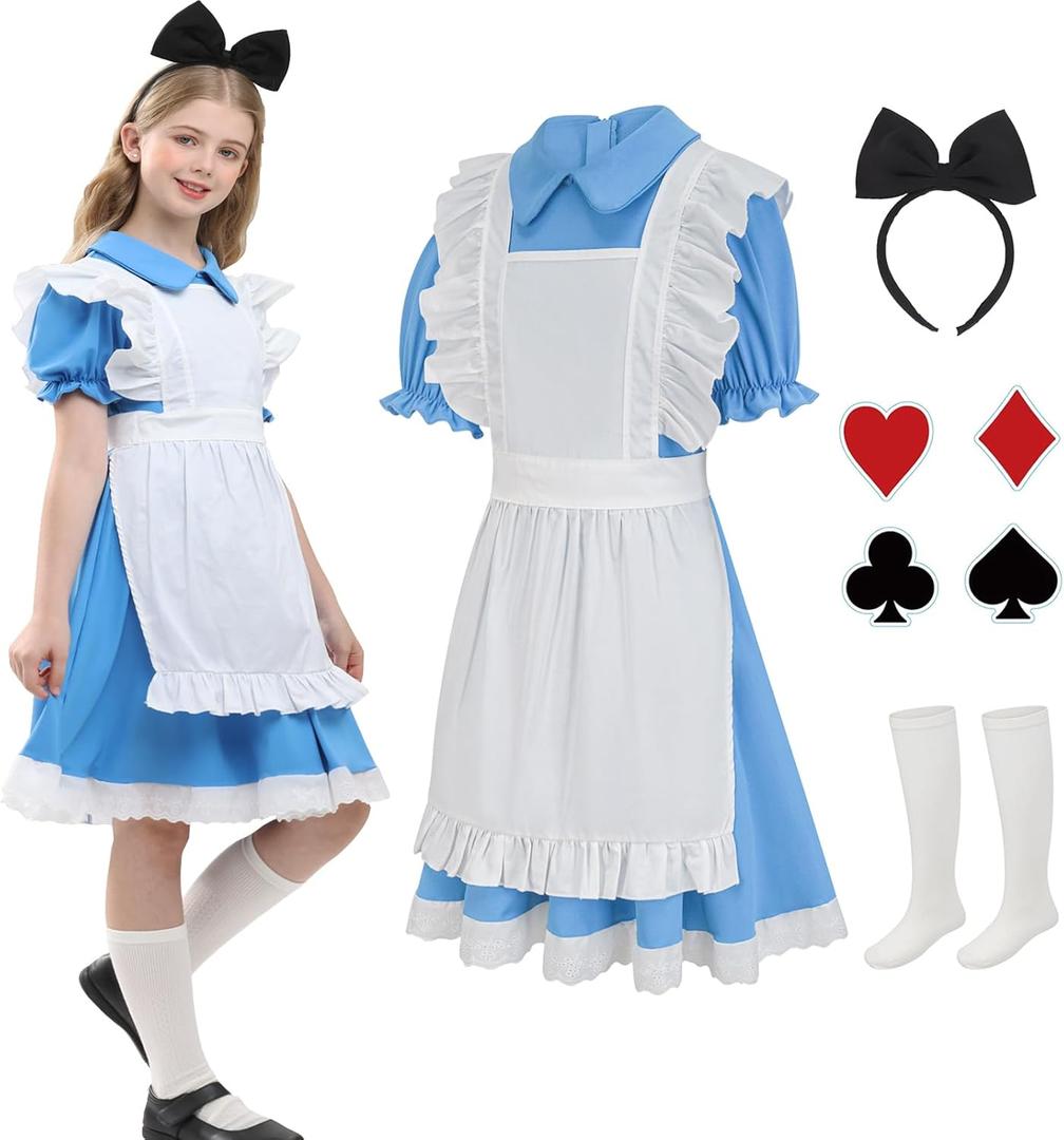 qnprt Halloween Costumes for Kids 2025 Princess Costume Girls Bulue Dress (10-12 Years)