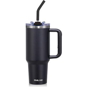 40 oz Tumbler with Handle and Straw Lid,Insulated Reusable Stainless Steel Water Bottle Travel MugCupholder Friendly Double Wall Vacuum Sealed Cup (Black)