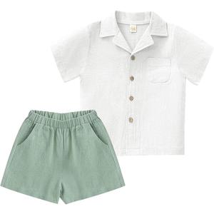 MWEALTHY Toddler Baby Boy Summer Clothes Color Block Short Sleeve Button-Down Shirt Tops + Cotton Pants Outfit Set Size 80, White Green