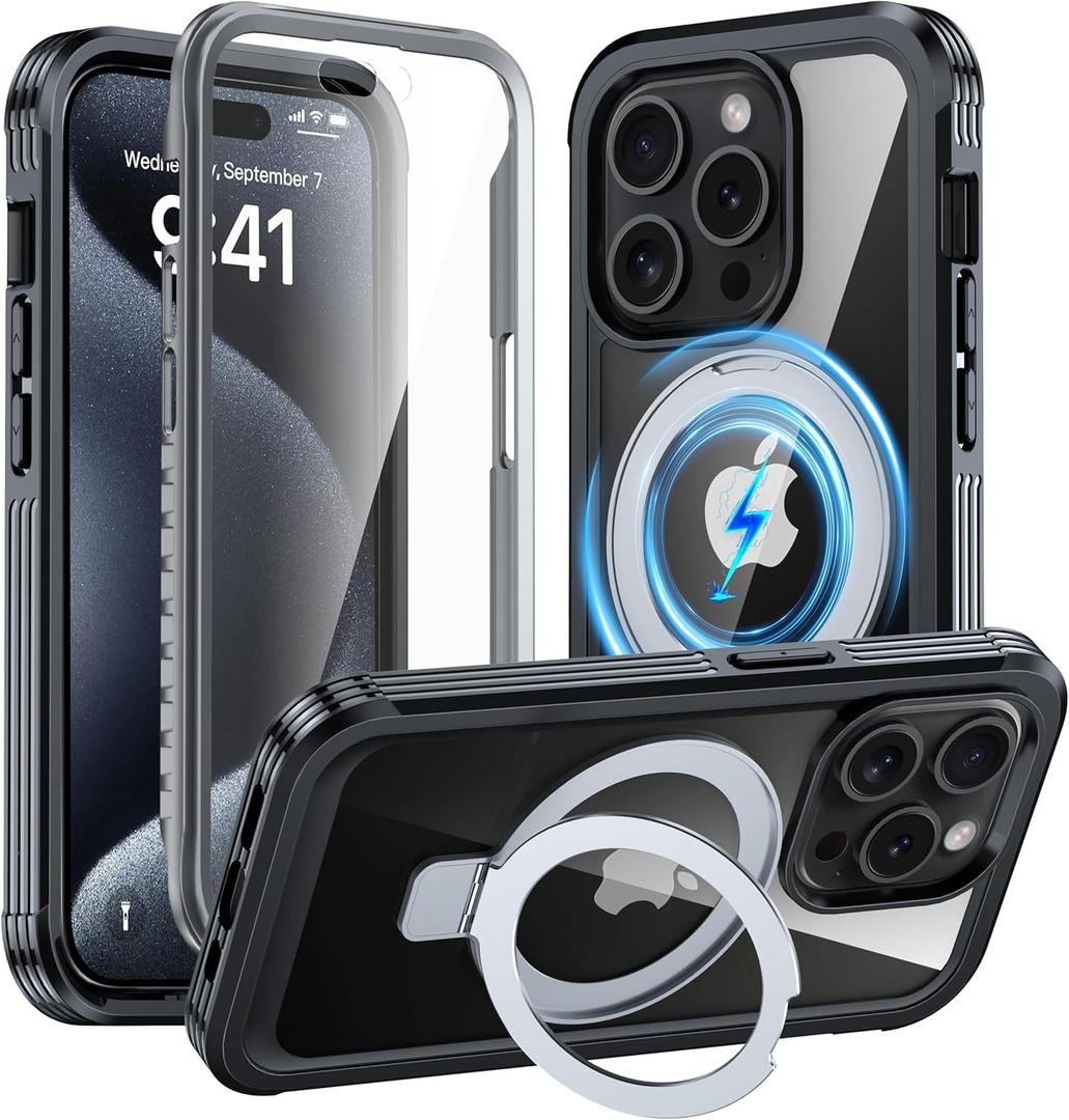 GUSTAVE Magnetic Stand for iPhone 15 Pro Case [Fit for Magsafe] [Built-in 9H Tempered Glass Screen Protector] Full-Body Shockproof Military-Grade Protective Case Black