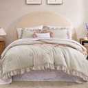 Queen Comforter Set - 7 Pieces Ruffle Beige Bedding Sets, Shabby Chic Farmhouse Bed in a Bag Queen with Ruffle Comforter, Floral Sheets, Pillowcases & Shams (Birch)