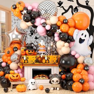 120 Pcs Halloween Balloon Garland, Orange and Black Balloon Arch Kit, Light Orange Pink Black Eye Print Balloons Ghost Disco Ball Star Foil Balloons for Cute Pink Halloween Party Decorations Indoor