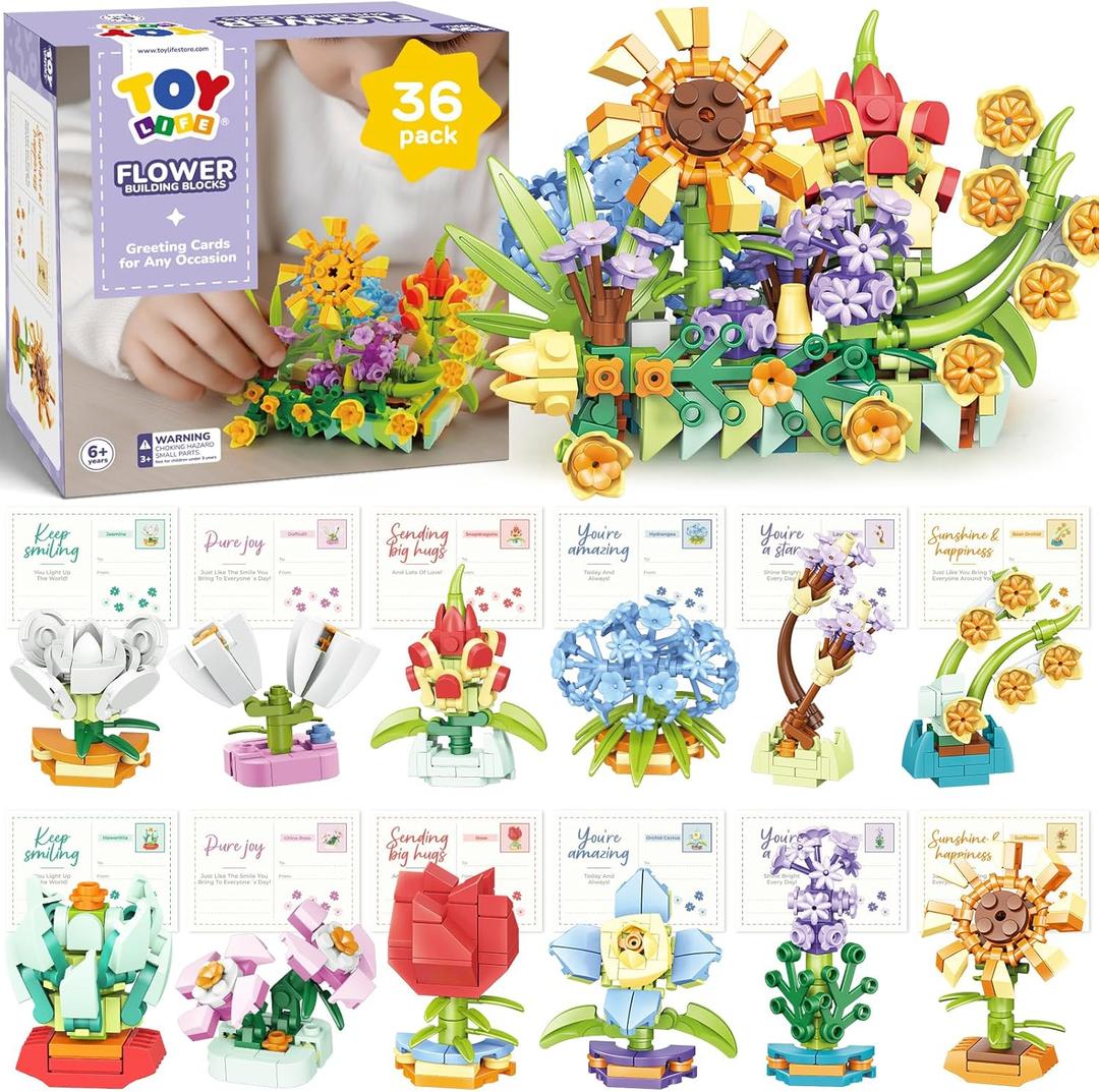 TOY Life 36 Pack Party Favors for Kids, Tiny Plants Mini Flowers Building Blocks Set for Classroom Prize, Flowers Botanical Succulents Building Toy with Gift Cards, Birthday Gifts for Boys Girls 6+