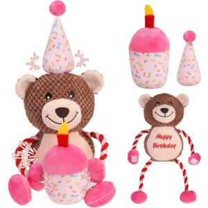EXPAWLORER Squeaky Dog Birthday Toys - Durable Plush Dog Toy with Crinkle Paper,Chew Toys Soft Fabric for Small, Medium, and Large Dogs to Keep Them Busy,Training Reward, Pink Bear