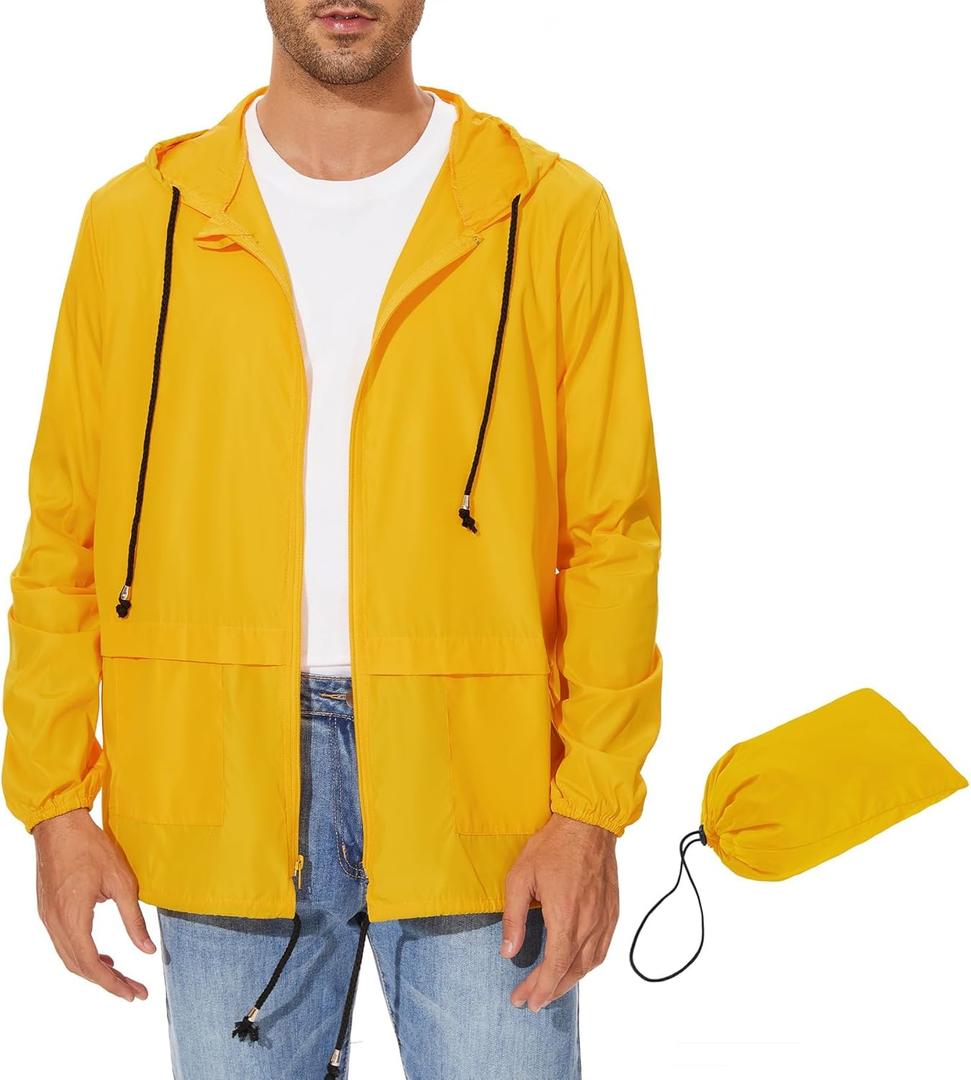 Zando Packable Mens Rain Jacket Lightweight Raincoat Waterproof with Hood Outdoor Windbreaker Jacket Travel Rain Jackets (Small, 03 Yellow)