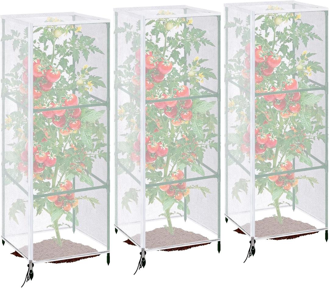 3 Pcs Garden Bird Netting Plant Cover for Square Tomato Cage, 59" x 17.7" Insect Bird Barrier Tomato Cage Net with Zipper & Drawstring, Tomato Trellis Netting Protection Cover for Protecting Plants