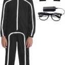 Stick Figure Costume Kids Stickman Jumpsuit with Light up Glasses Halloween Glow in the Dark Outfits for Boys Girls (X-Large/Height:52"-55", White)