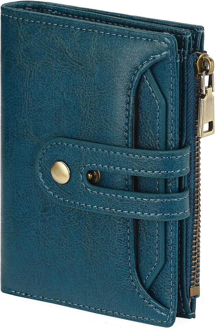 GOIACII Small Women's Wallet Leather Ladies Billfold Card Holder RFID Blocking with Zipper Coin Pocket, Teal