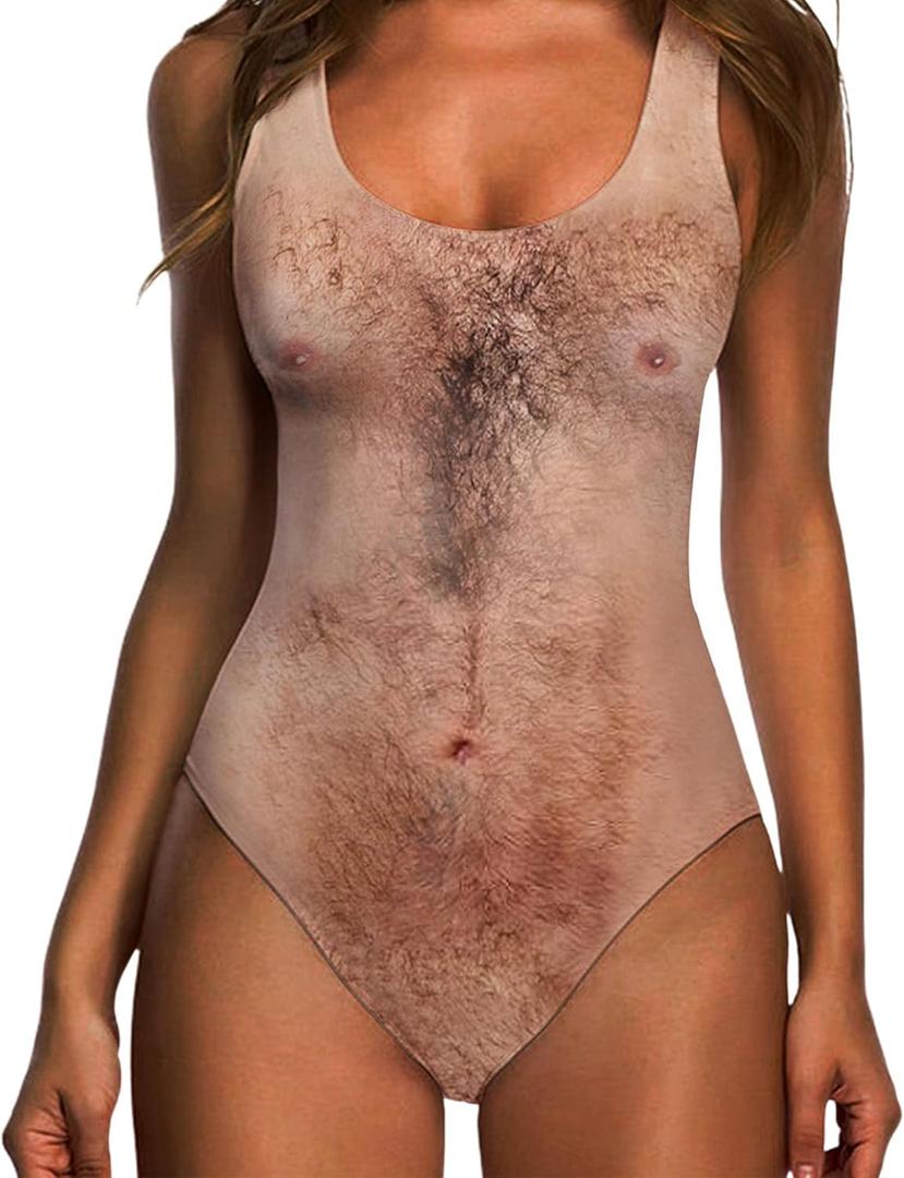 RAISEVERN One Piece Swimsuit for Women Hawaiian Novelty 3D Print Bathing Suit Swim Beachwear (Small, A Chest Hairy)