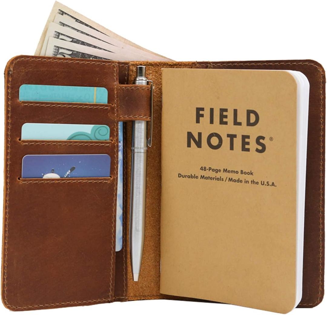 Leather Field Notes Wallet Cover For Memo Pocket Sized Notebook, Fits 3.5 X 5.5 Notebooks, Separate Pocket For Cash, Real Top Grain Leather, Multiple Pockets For Extra Functionality And Pen Loop