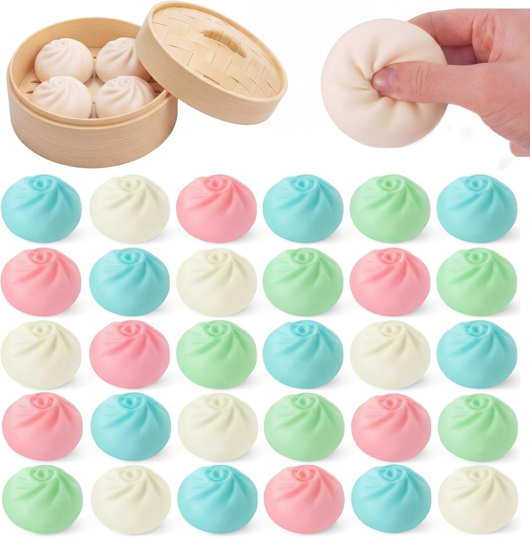 36 Pcs Dumpling Stress Balls Bulk 2.4 Inch Dumpling Fidget Toy Dough Stress Relief Bun Squeeze Toy with Storage Bag for Birthday Party Favors School Carnival Reward Gift