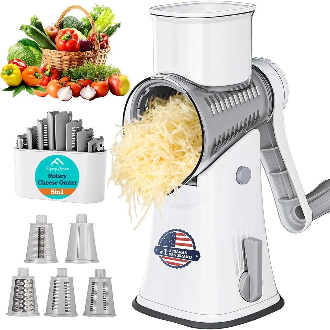 APSARAS USA Cheese Grater Hand Crank, Rotary Cheese Grater, 5 in 1 Rotary Grater, Cheese Shredder Replaceable Stainless Blades with Strong Suction Base, Easy to Clean Kitchen Gadgets with Storage Box (White)