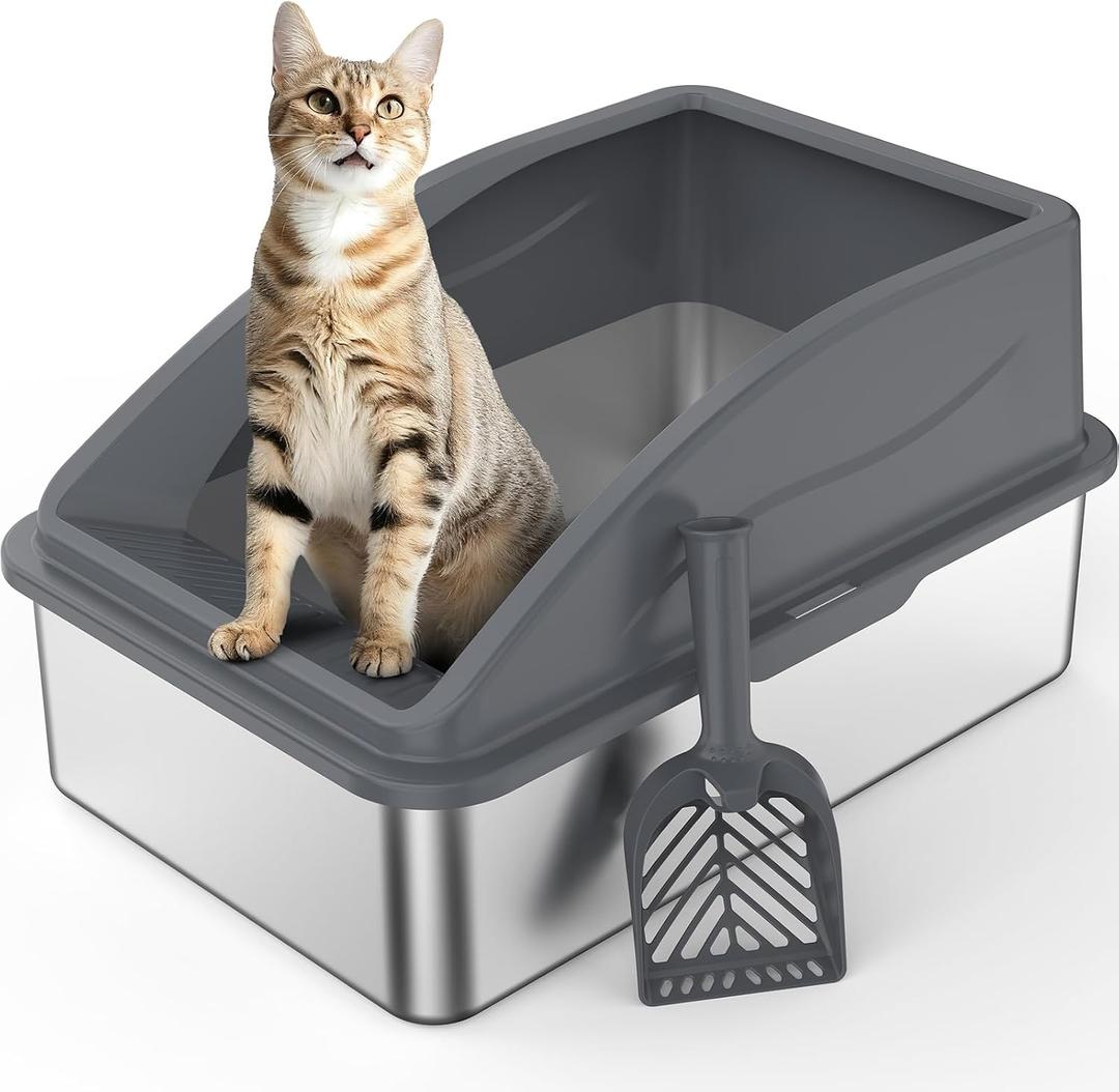 AIPERRO Stainless Steel Litter Box | XL Enclosed Cat Litter Boxs with Lid for Big Cats | High Sided, Anti-Urine Leakage | Non-Stick Bottom & Includes Scoop