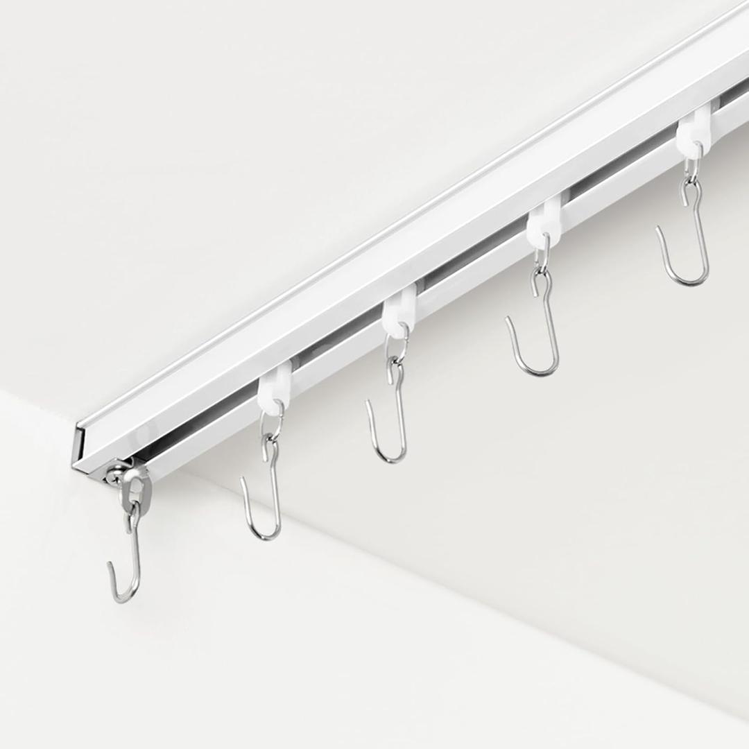 Curtain Track, Ceiling Curtain Track for Room Divider, Ceiling Mount Rail Set with Roller Hooks, White, 12ft - 18ft