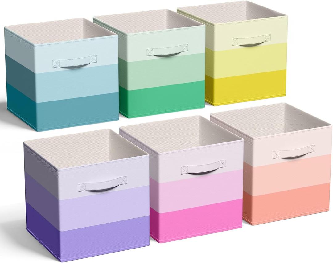 6 Pcs Fabric Storage Cubes Bins with Metal Handle 11 Inch Macaron Colored Striped Style Collapsible Bins Cube Storage Organizer for Clothes Books Kids Room Closet and Toys