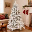 5FT Prelit Flocked Christmas Tree with Light, Snowy Pine Design, 200 Warm White LED Lights, Hinged Branches, Metal Stand, Realistic Artificial Xmas Tree for Indoor Holiday Decoration