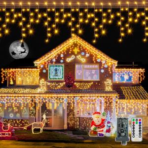 Ollny Icicle Lights for Outside 720LED 60FT, Warm White Christmas Lights with Remote 8 Modes Dimmable, Waterproof Connectable Timer Hanging Light for House Outdoor Yard Indoor Decorations