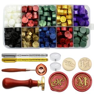 Letter Wax Seal Stamp Kit - Initial Alphabet M Stamp Head 2pcs, Vintage Monogram Stamps Wax Seal Kit with 200pcs Assorted Sealing Beads, Spoon, Metallic Gold Silver Pens